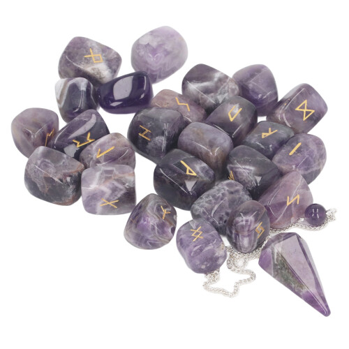 25 Stück Amethyst-Runensteine mit Pendel, Chakra