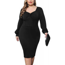 (M) Plus Size Swiss Dot Long Sleeve Dress for Women Elegant Knee Length A Line Cocktail Dress S-2XL