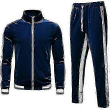 (S, Navy) "Men's Velvet Sweatsuit Set, Casual Jacket & Pants Tracksuit Set"