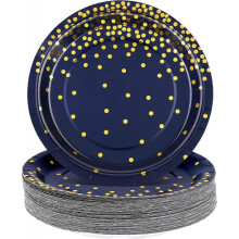 60 Pieces 7 Inches Disposable Paper Plates Blue and Gold Foil Dot Dessert Plates