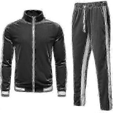 (L, Grey) "Men's Velvet Sweatsuit Set, Casual Jacket & Pants Tracksuit Set"