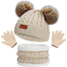 (As show, One size) Kids Winter Warm Beanie Hat Scarf Gloves Set khaki Thermal Knit Crochet Thick Fluffy Toddler Scarf Double Pom Pom Bobble Hat with Faux Fur for Girls B