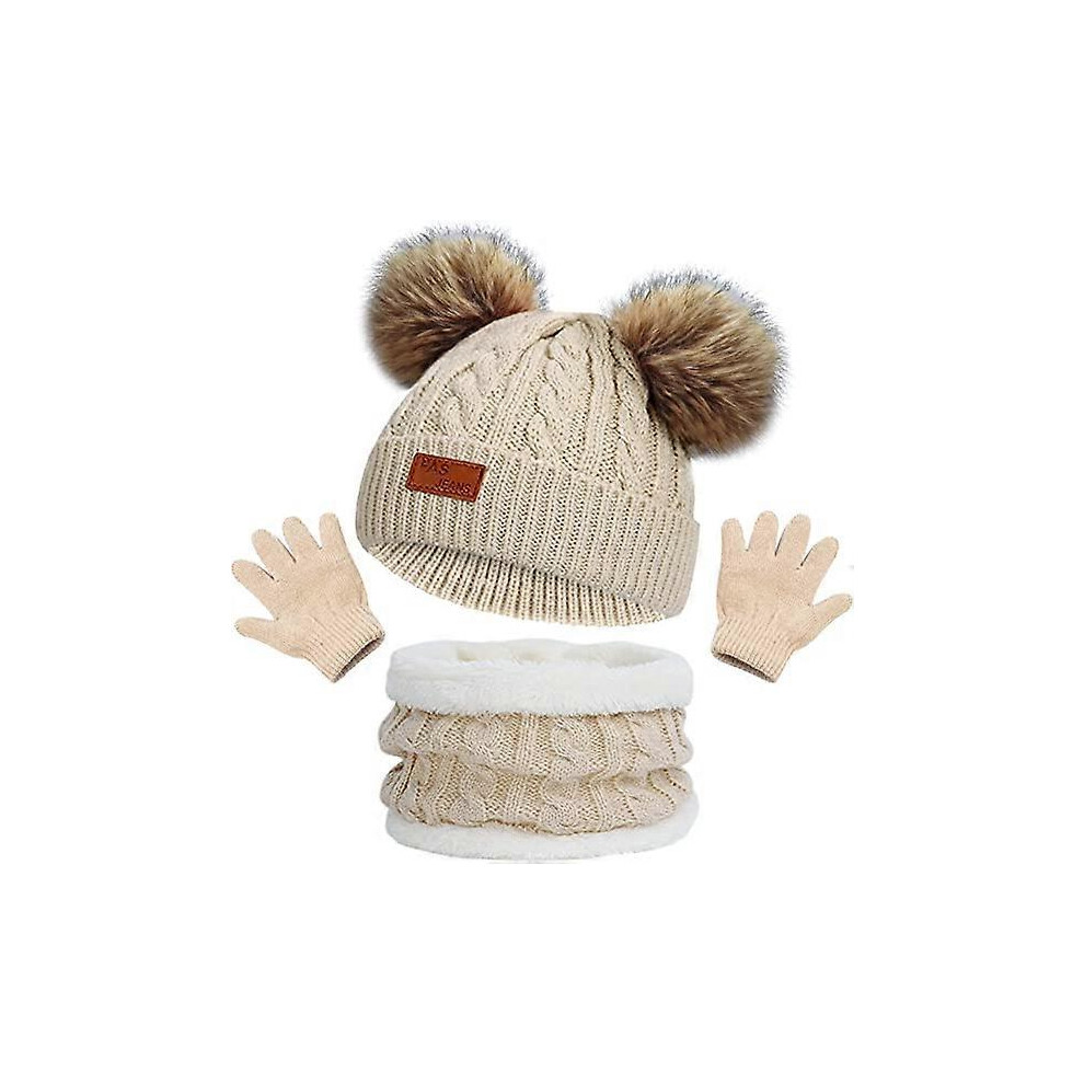 (As show, One size) Kids Winter Warm Beanie Hat Scarf Gloves Set khaki Thermal Knit Crochet Thick Fluffy Toddler Scarf Double Pom Pom Bobble Hat with