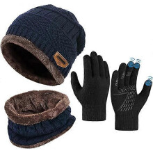 (As show, One size) Kids Winter Hat Scarf Gloves Set - Cyan Warm Thermal Knitted Beanie Cap Snood Neck Warmer Touchscreen Anti-slip Mitten Outdoor Sports Soft Fleece Lini