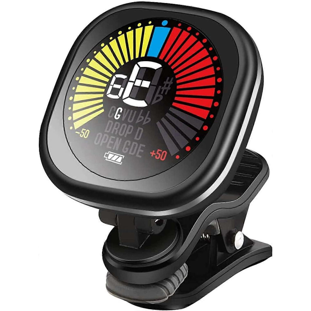 (As show, One size) Clip-on rechargeable tuner with LCD color display, for guitar ukulele, violin, chromatic tuning modes for all A string instruments