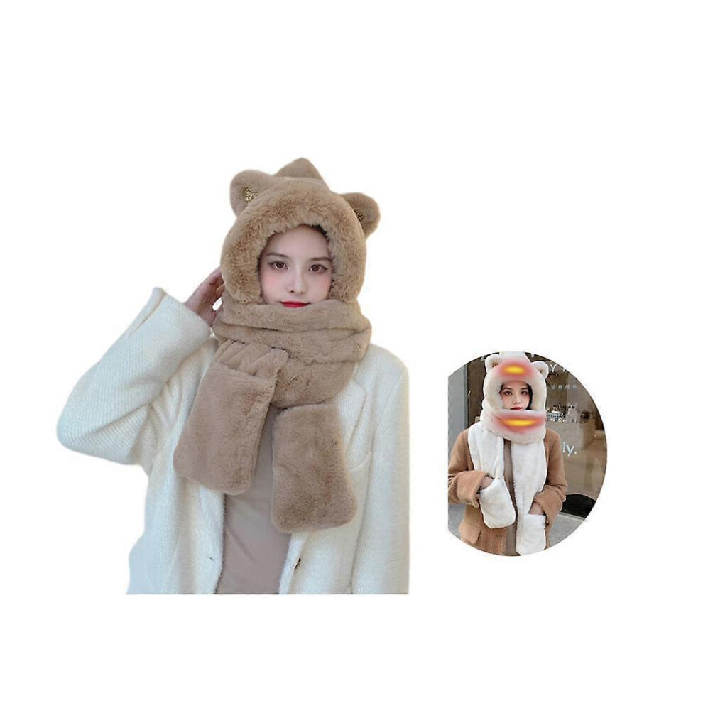 (As show, One size) USB heated beanie scarf electric heating knitted beanie scarf autumn and winter models beanie scarfBrown