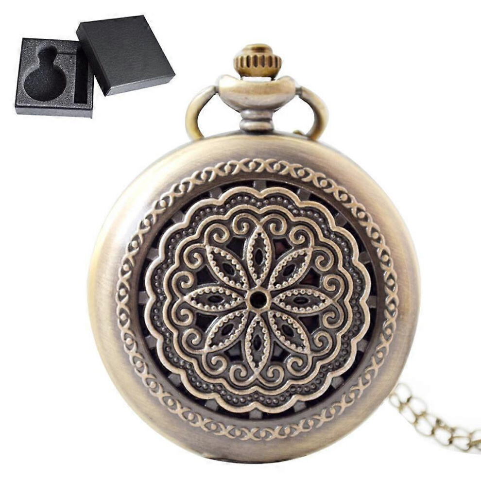 (As show, One size) Vintage Pocket Watch Quartz Pocket Watch with ChainFlowers, Roman Numeral Pocket Watch Antique Pocket Watch for Men Women Dad Birthday Party