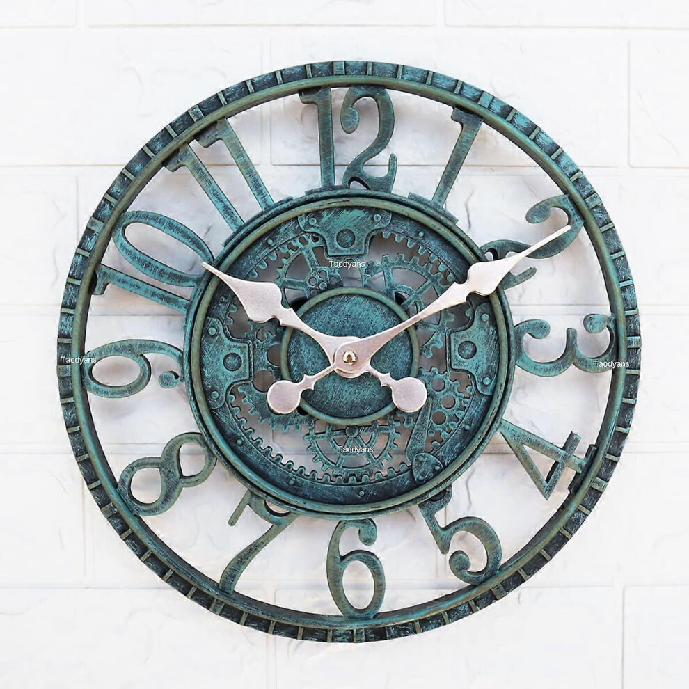 (As show, One size) Outdoor Wall Clock, 30cm Waterproof Garden Clock, Retro Decor Clocks for Home Kitchen Living Room - Not Silent (Turquoise)