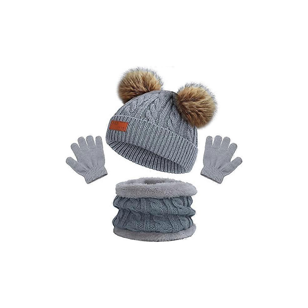(As show, One size) Kids Winter Warm Beanie Hat Scarf Gloves Set grey Thermal Knit Crochet Thick Fluffy Toddler Scarf Double Pom Pom Bobble Hat with Faux Fur for Girls Bo