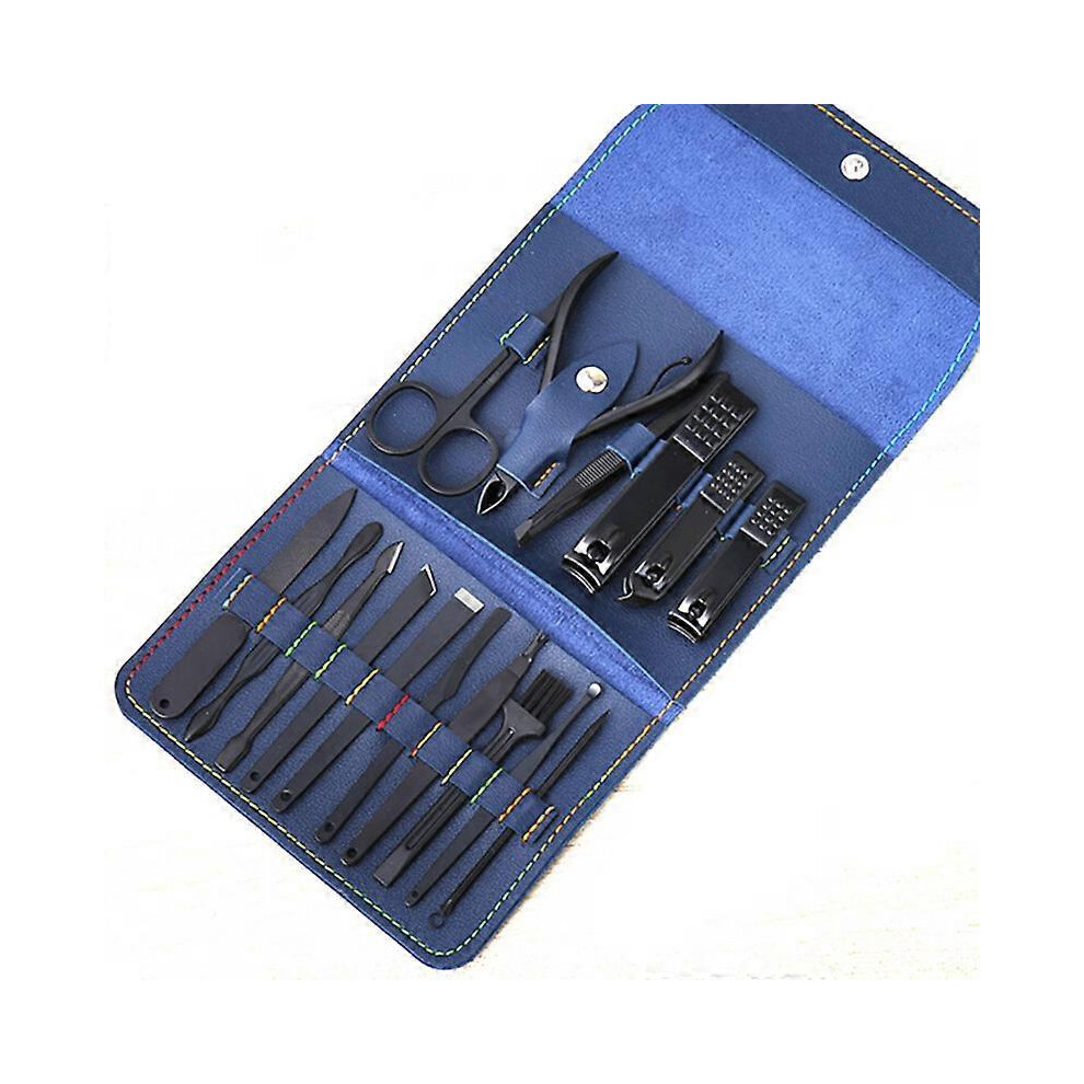 (As show, One size) Manicure Set, Blue Professional Stainless Steel Pedicure Nail Clipper Tools Kit with PU Leather Folding Case, 16 In 1 Travel Grooming Care Tool Kits f