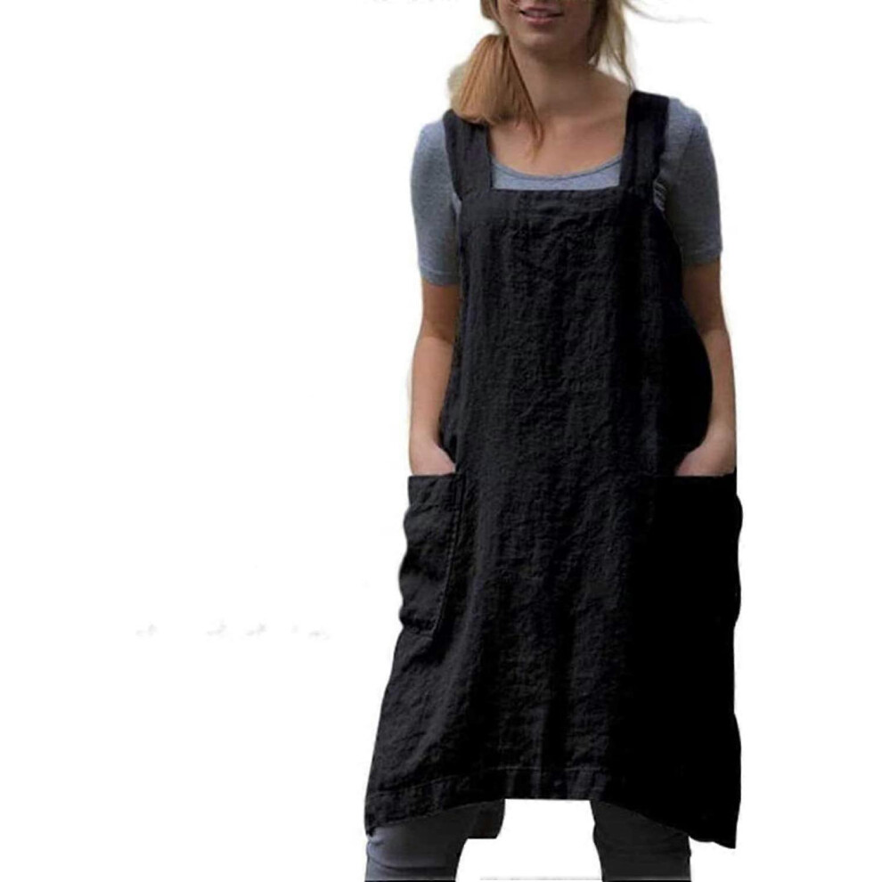(As show, One size) Cotton Linen Apron Cross Back Apron-Black,XL-for Women with Pockets Pinafore Dress for Baking Cooking