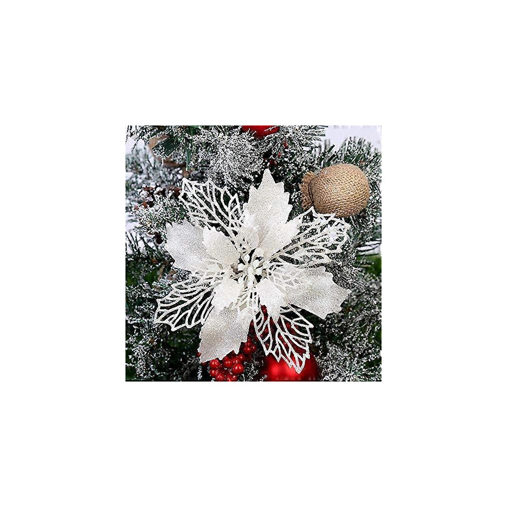 (As show, One size) 10 PCS Christmas Flowers Large (15CM) Poinsettia Glitter Flower Christmas Tree Hanging Party Xmas Decor (White)