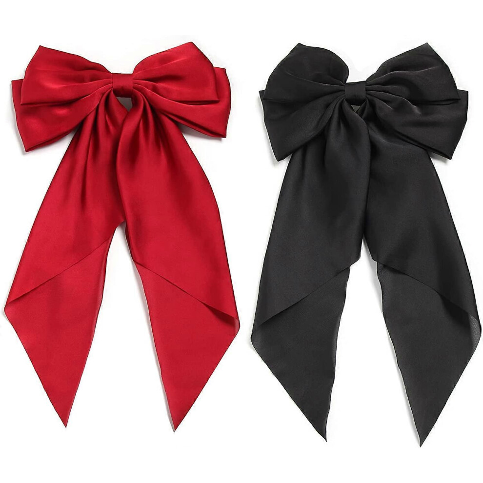 (As show, One size) Bow Hair Clips Hair Slides Solid Color Bowknot Hairpin French Barrette with Long Silky Satin Tail Large Bows for Women Girls Hair Barrettes Scrunchies