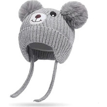 (As show, One size) Baby Hat Beanie Knit Hat Autumn Winter Hat Cute Hat with Earflap and Ties Warm Hat for Boys Girls Gray Bear