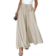 (S, beige) Pants for Women Casual Elastic Waist Wide Leg Pants with Pockets