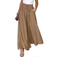 (M, khaki) Pants for Women Casual Elastic Waist Wide Leg Pants with Pockets