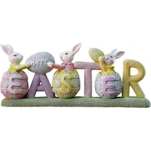 (Green) Easter Table Sign Bunny Decor - 3 Rabbits Eggs Table Signs Easter Decorations Cute Rabbit Egg Happy Easter Ornaments Party Table Decoration