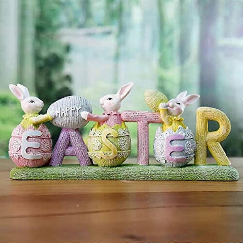(Green) Easter Table Sign Bunny Decor - 3 Rabbits Eggs Table Signs Easter Decorations Cute Rabbit Egg Happy Easter Ornaments Party Table Decoration 2