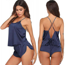 (L) Pajamas Set Sexy Women Satin Sleepwear Lingerie 2 Piece Silk Pjs Cami top and Shorts  S-3XL