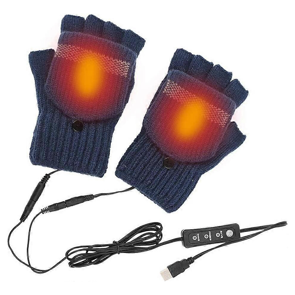 (As show, One size) Electric USB Heated Gloves-Blue Winter Thermal Half-Finger Gloves with Flip Cover for Caming Hiking Skiing Hand Warmer Heating Glo