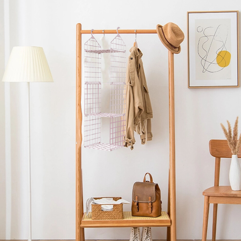Hanging Closet Organizer 3 Tier Pink Storage Shelf Minimalist Grid Plastic Cloth Shelf for Bedroom Dormitory Apartment
