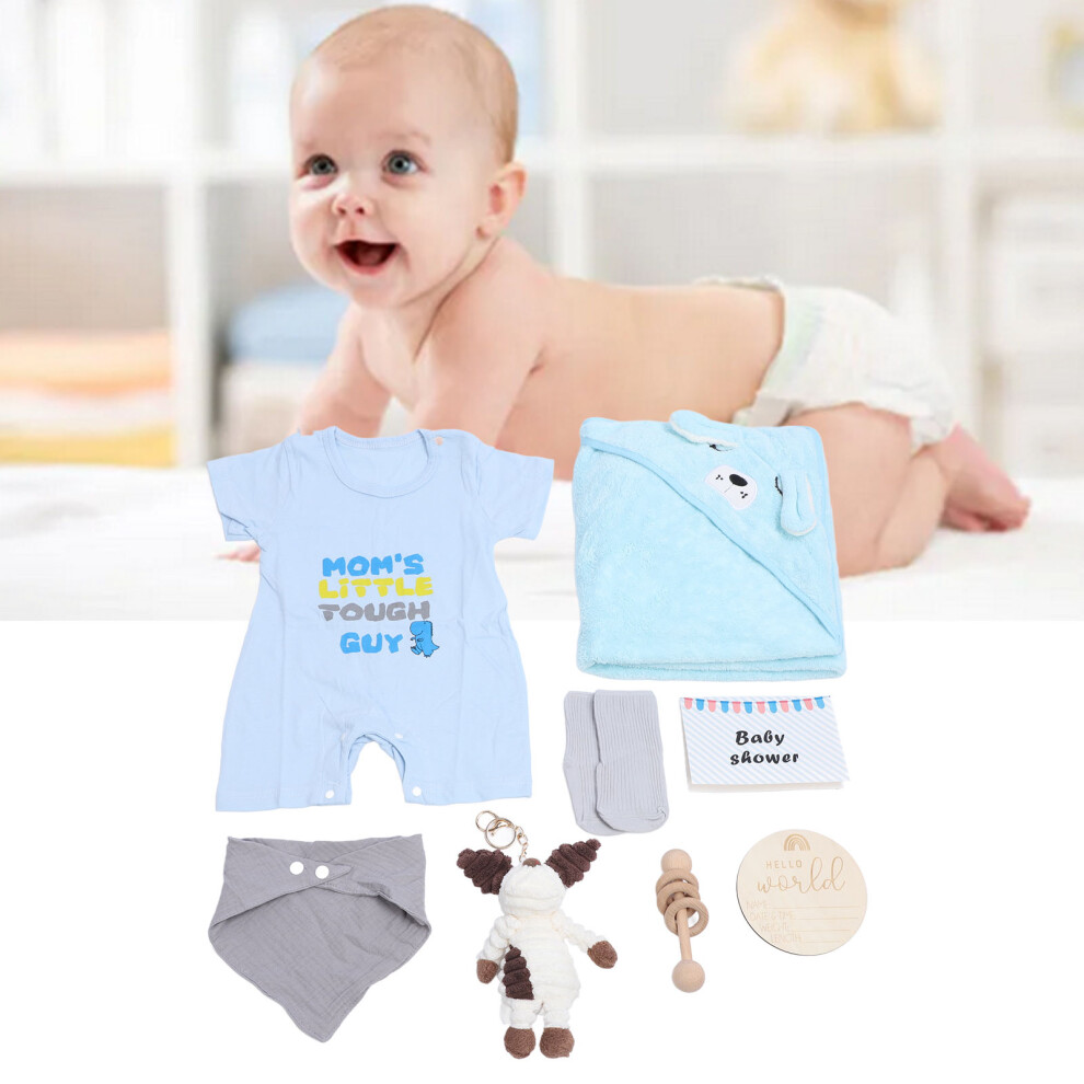 Baby Shower Gifts Basket Including Clothes Cute Doll Wooden Rattle Toy Funny Bibs Socks Greeting Card Newborn Baby Gifts Set Blue