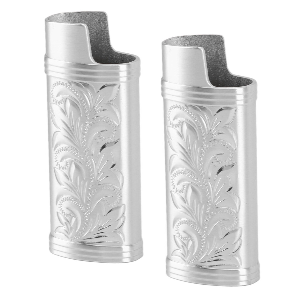 Silver 2Pcs Retro Lighter Case Compact 3D Floral Stamped Engraving Zinc Alloy Protective Case Cover