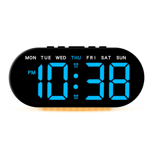 (black shell blue light)Multi-function LED Digital Clock with Large Screen, Thermometer, Perpetual Calendar, Alarm, Bedside Lamp & USB Output