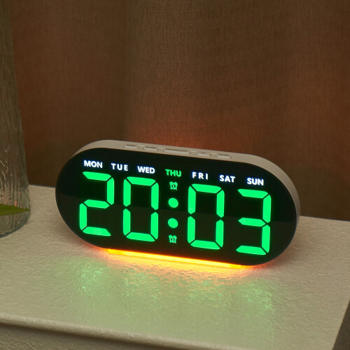 (White shell blue light)Multi-function LED Digital Clock with Large Screen, Thermometer, Perpetual Calendar, Alarm, Bedside Lamp & USB Output 2