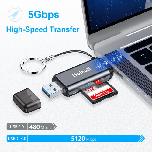 (Grey) SD Card Reader, Dual Connector USB C Card Reader USB 3.0 Memory Card Adapter - Supports SD/SDXC/Micro SD/Micro SDXC/SDHC/MMC/RS-MMC 1