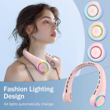 (Pink) Bladeless Neck Fan – Portable 4000mAh Cooling Fan with 3 Speeds & LED Light