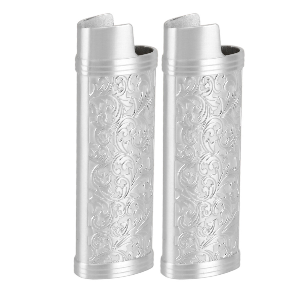 Silver 2Pcs Lighter Case Cover Vintage Style Floral Stamped Zinc Alloy Shell For Lighter Protection