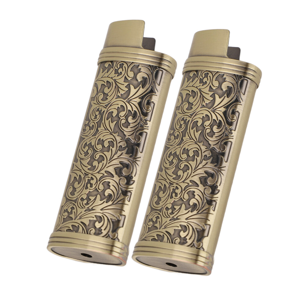 Bronze 2Pcs Lighter Case Cover Vintage Style Floral Stamped Zinc Alloy Shell For Lighter Protection