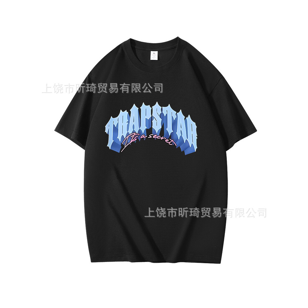 (Black, XXL) Trapstar Summer New Printed Cotton Loose Fashion Short Sleeve American Street Style T-Shirt for Men and Women
