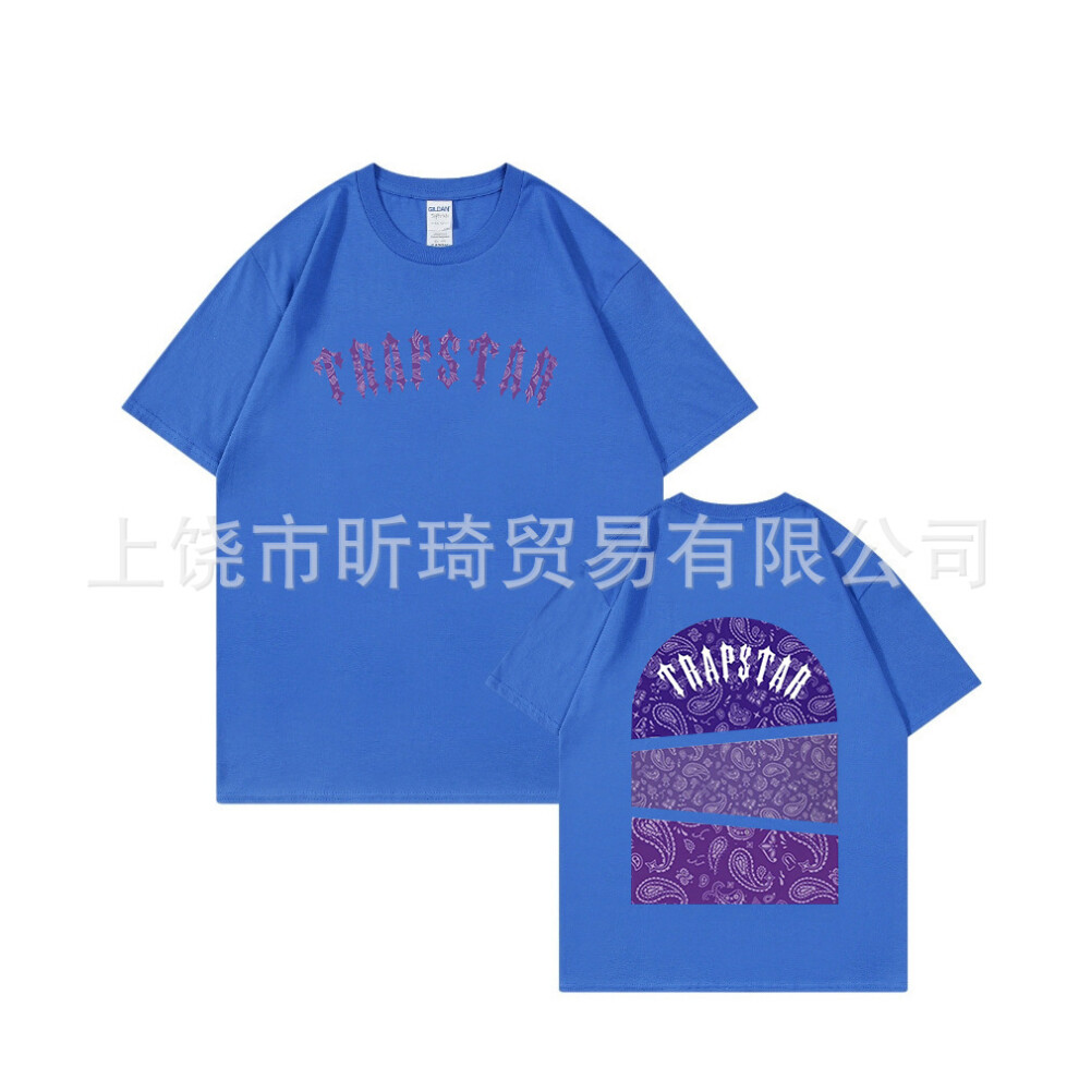 (Blue [Purple Label], XXXL) Summer New Arrival Trapstar Cotton T-Shirts for Men and Women, Breathable Round Neck Casual Short Sleeve