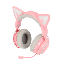 Cat Ear Gaming Headset RGB Light Bluetooth Wireless Headphones with Retractable 120 Degree Rotatable Mic for Laptops PCs Pink