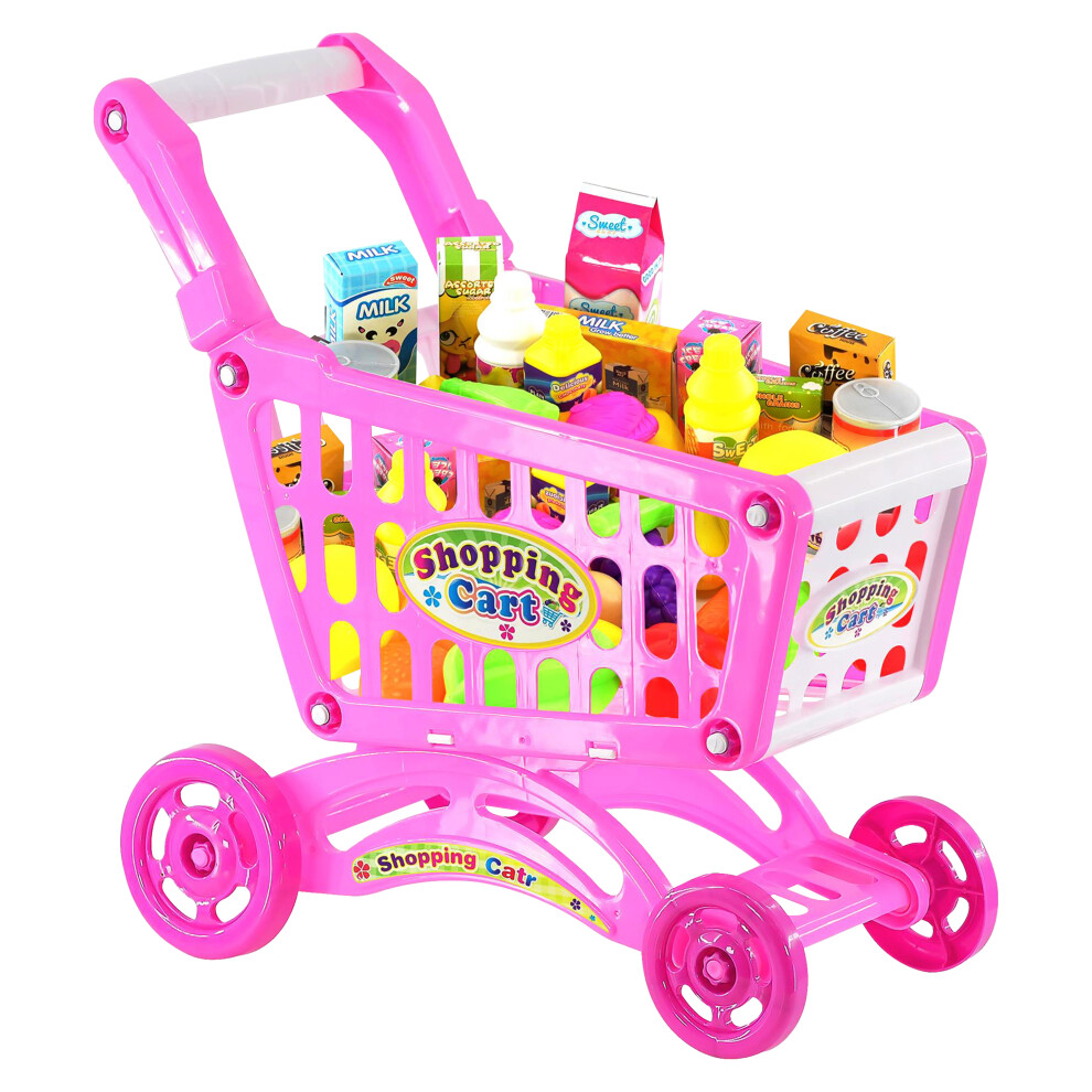 (56 Psc Pink Shopping Cart) The Magic Toy Shop Kids Shopping Trolley Grocery Cart Playset Pretend Play Toys Supermarket