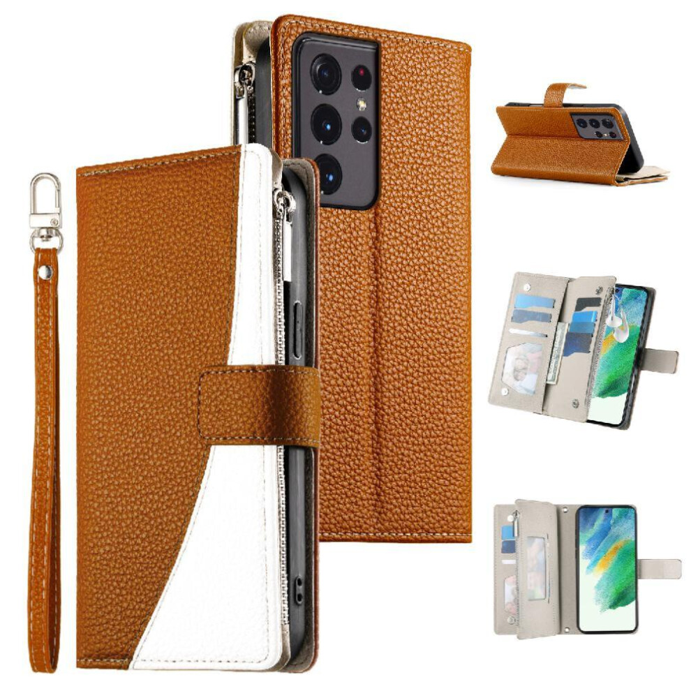 (Brown) Flip Case For Samsung Galaxy S21 Ultra Leather Case Card Slots Wallet Elegant Brown 764563783519