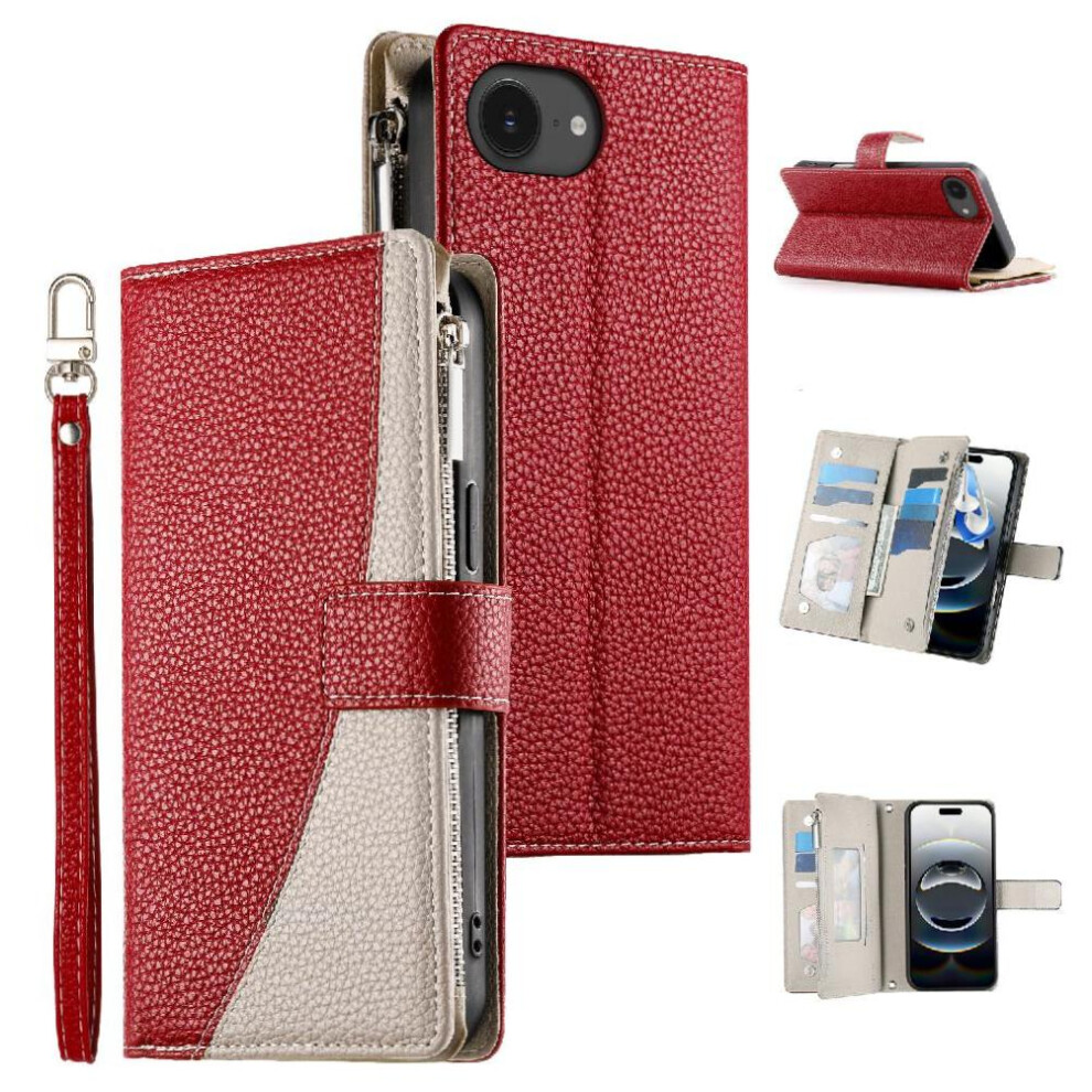 (Red) Compatible With Iphone 16E Case Card Slots Wallet Elegant Leather Case Red 764563785650