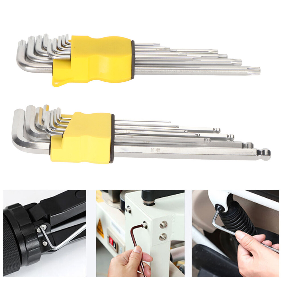 18pcs Hex Wrench Set Right Angle Long Arm Hex Key Wrench Set with Ball End Inch Metric Hex Key Tool for Repair