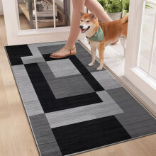 (60 x 110 cm (2 ft x 3 ft 7 in)– Large Door Mat/Entryway Rug/Bath Mat, Black Grey Silver) Printed Modern Grey Rugs Area Carpet Runner Mat