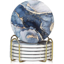 6 Pcs Marble Ceramic Coasters with Holder Best Absorbent Drink Coasters Round Ceramic Table Coasters Set Decorative Coffee Cup Beverage Coasters Wine