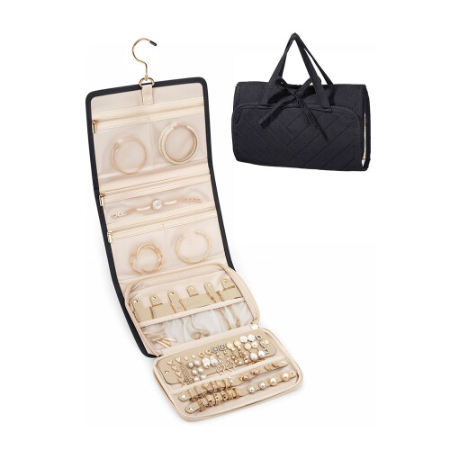 (Black) Portable Travel Jewellery Organiser Roll with Hook on OnBuy