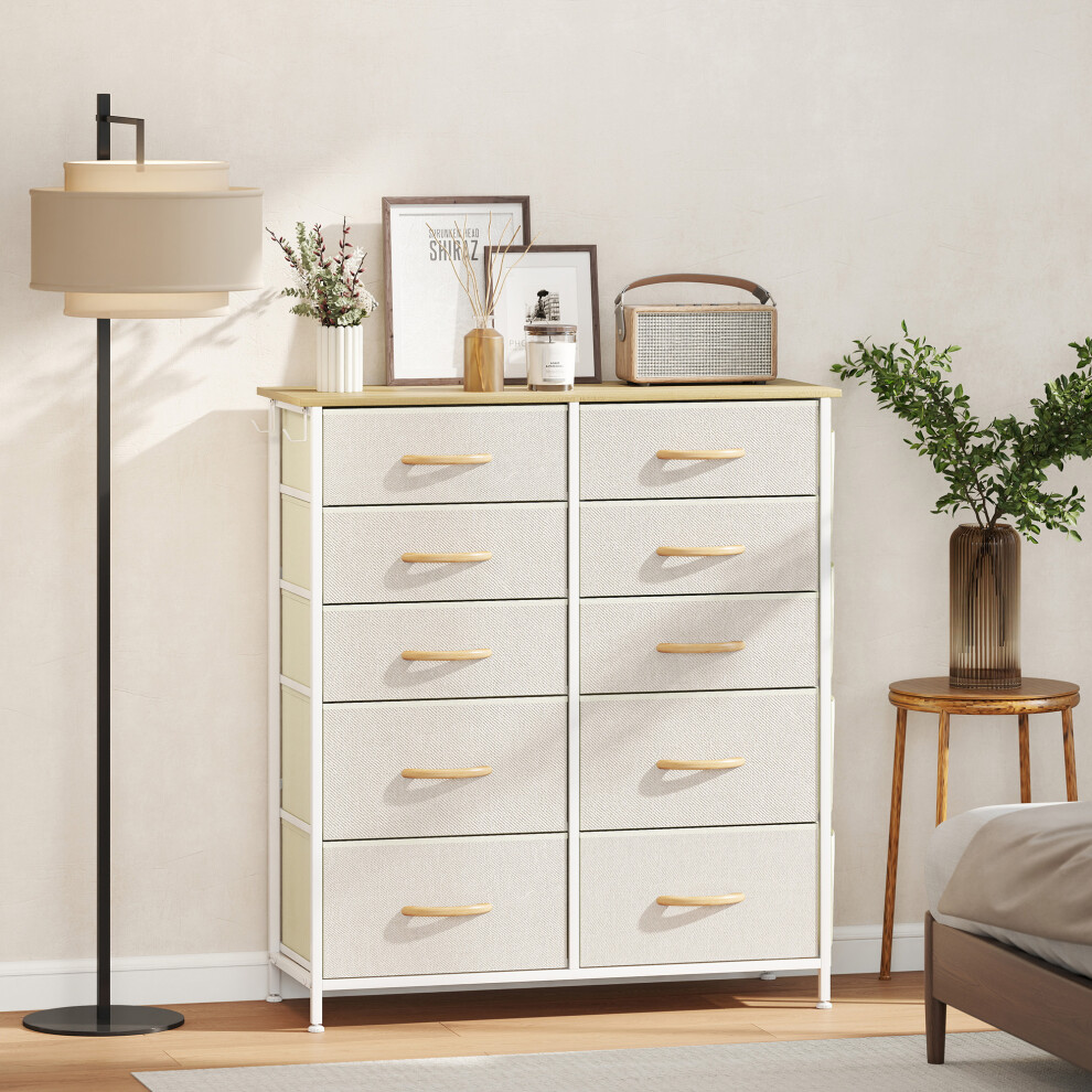 HOMCOM Fabric Chest of Drawers, 10 Drawer Dresser for Bedroom, Beige
