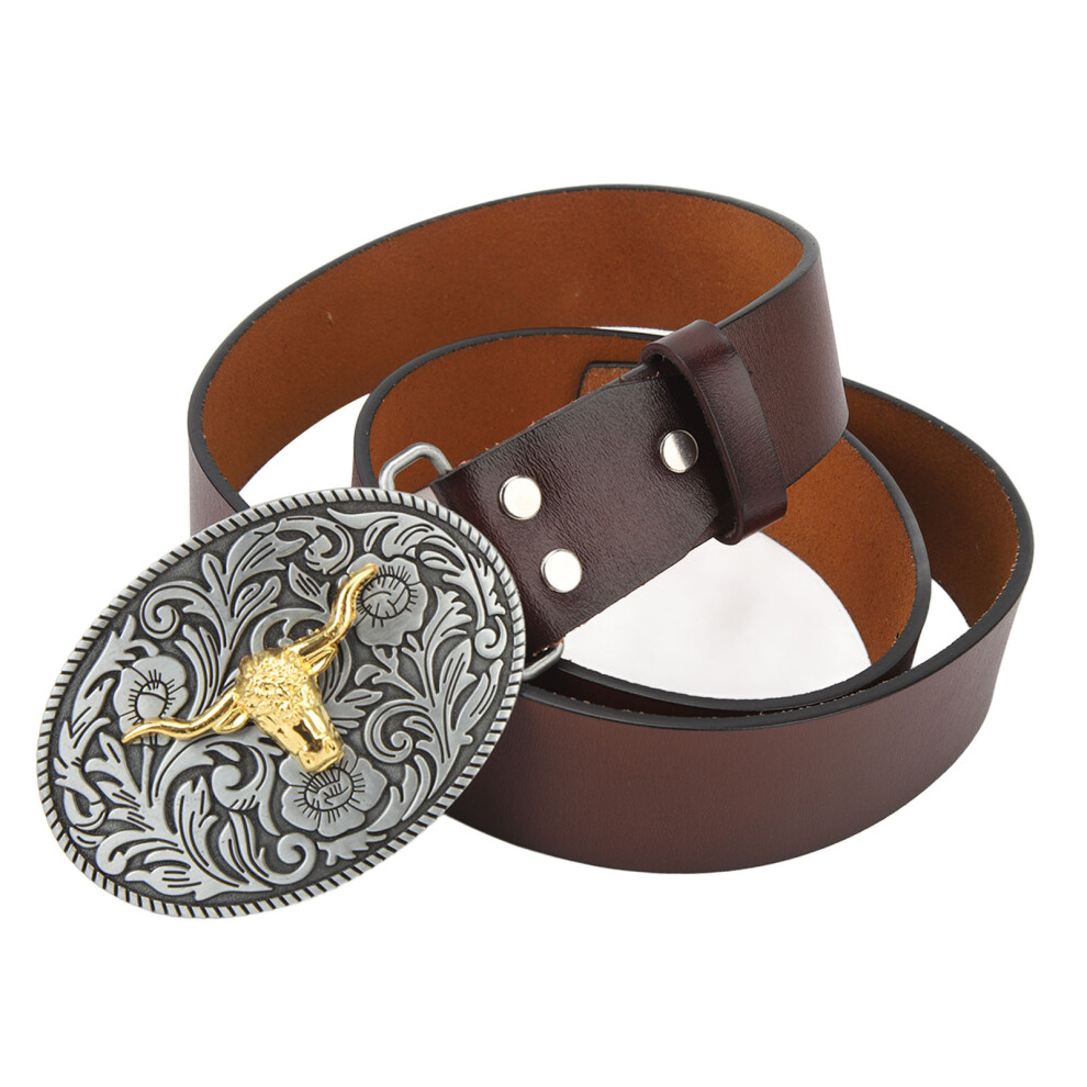 Western Cowboy Belt for Men Leather Adjustable Retro Vintage Bull Pattern Casual Buckle for Everyday Brown 115cm/45.3in