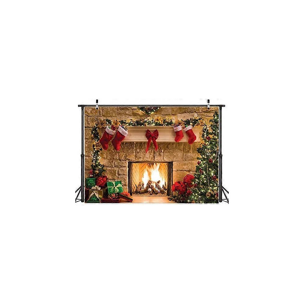 (As Show, One Size) 8X6ft Merry Christmas Backdrop Tree Sock Gift Family Party Decorations Backdrops Happy New Year Xmas Fireplace Theme Photography B Light