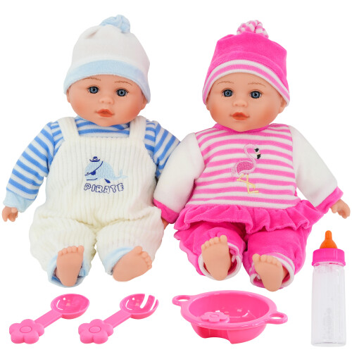 Bibi Doll Twin Baby Dolls With Feeding Set & Magic Bottle, 13 Inch Huggable Newborn Dolls With Soundbox Featuring 16 Sounds, Pink & Blue Outfits, Role Play Toy For Boys And Girls