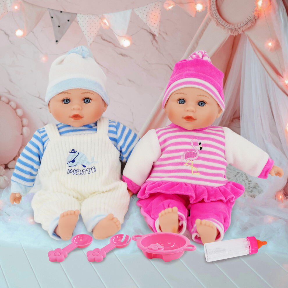 BiBi Doll Twin Set 13 In Baby Doll Girl Boy Sounds Feeding Set