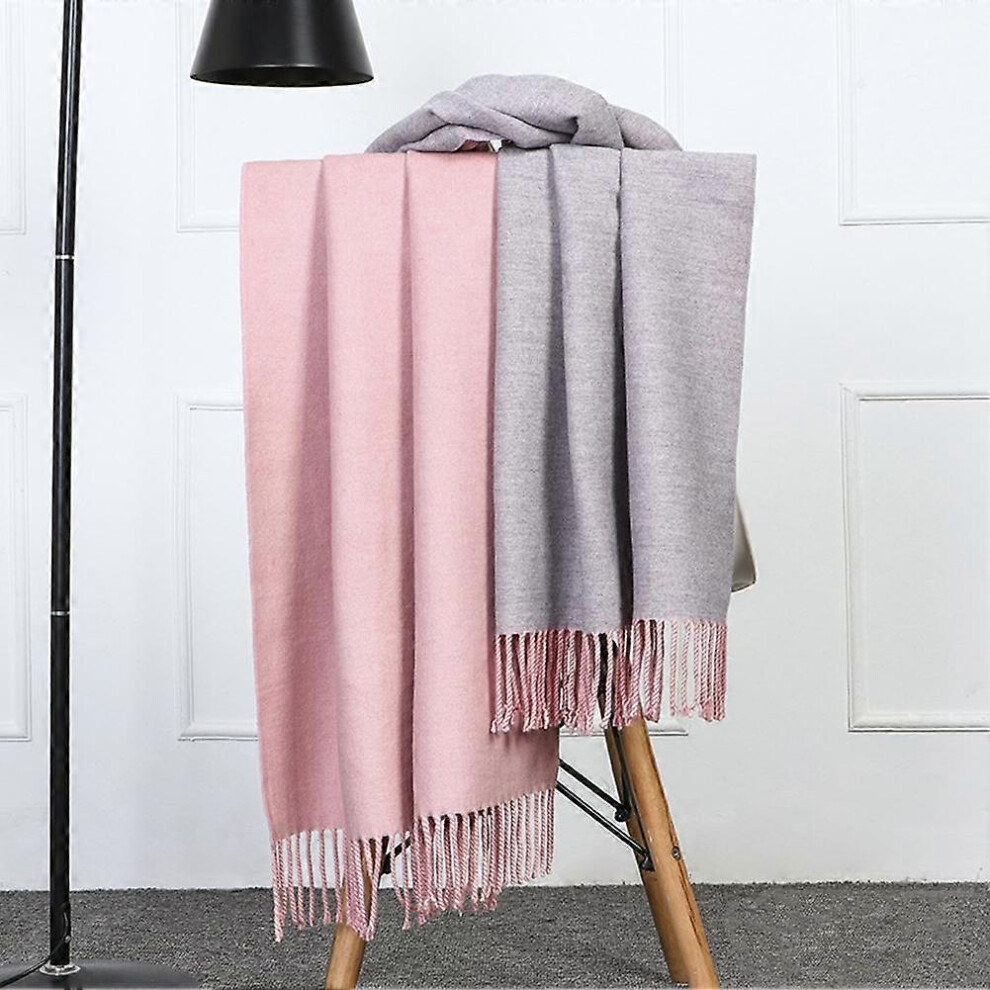 (As show, One size) Wool scarf women winter thickening warm ladies shawl cashmere scarf autumn and winter men double-sided scarf(Light Pink Light Grey)