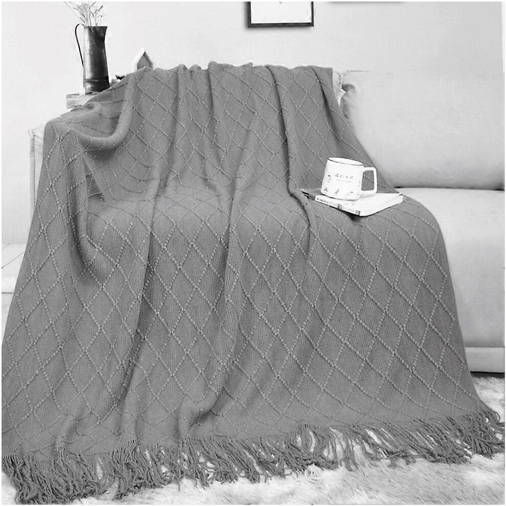 (As show, One size) Sofa Blanket Cover Blanket Scandinavian Style Small Blanket Nap Blanket Bed End Knitted Yarn Tassel Solid Colour Lap Blanket(Anthracite)